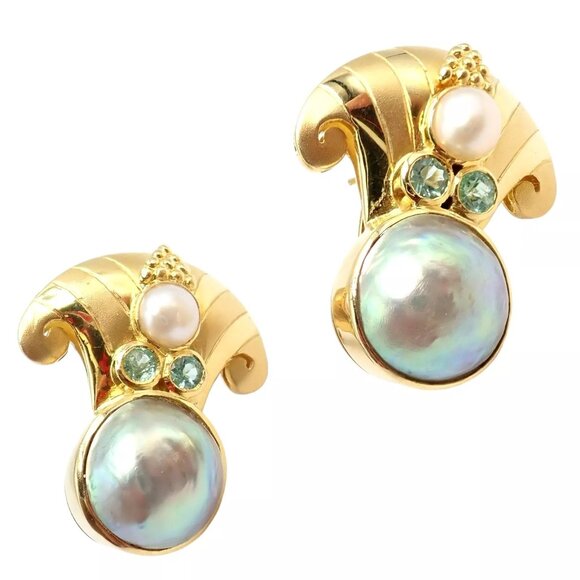 Rare! Vintage Paula Crevoshay 18k Gold Abalone Pearl Blue Gemstone Earrings OOAK - Picture 14 of 15